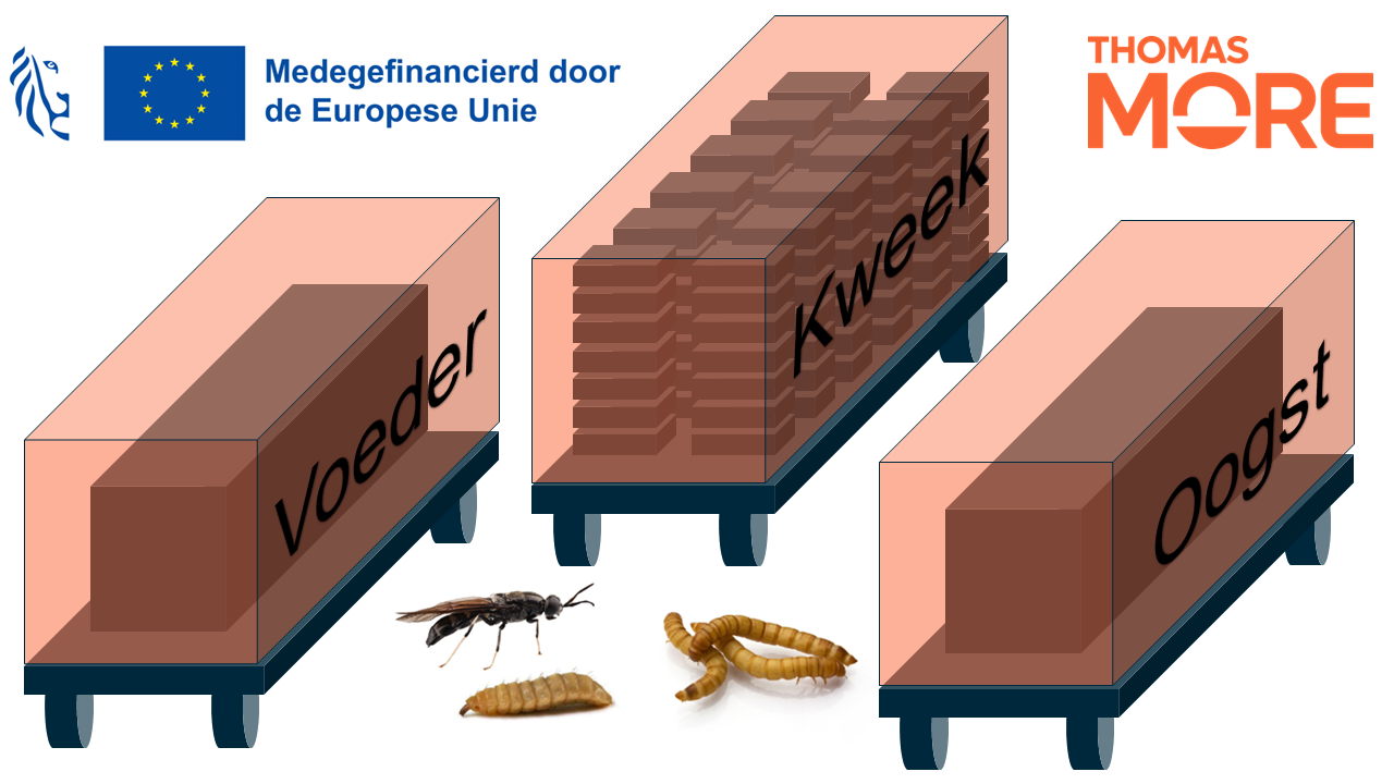 Mobiele kweekopstelling, van links naar rechts: voeder-, kweek- en oogstinstallatie. Mobiele kweekopstelling, van links naar rechts: voeder-, kweek- en oogstinstallatie.