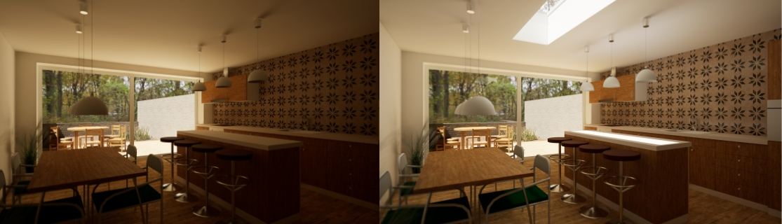 Une extension de maison de ville avec fenêtre de toit est bien plus lumineuse qu'une sans.