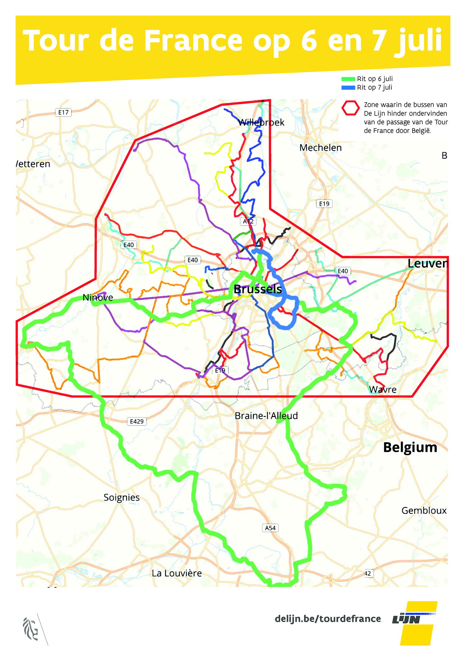 Ronde van Frankrijk 2019: zone waarin de buslijnen van De Lijn worden aangepast voor de etappes op 6 en 7 juli 2019.
