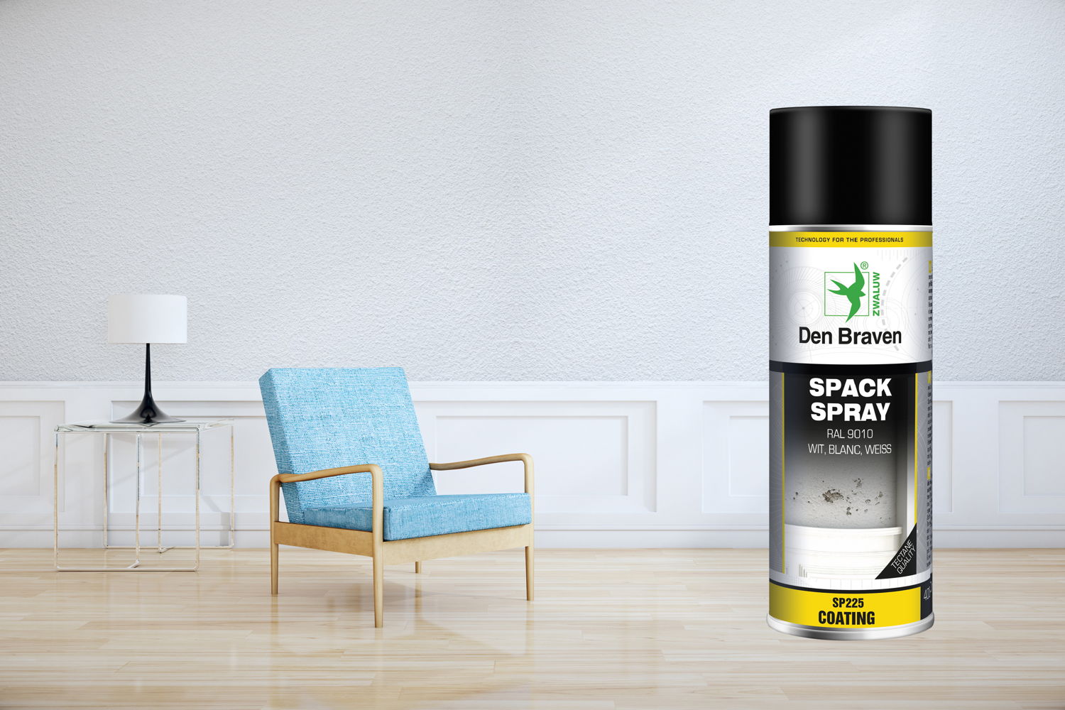 Zwaluw Spack Spray repareert beschadigingen van stuc- en gipsondergronden.
