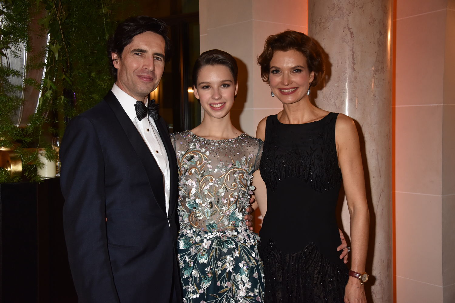 Countess Angélique de Limburg Stirum (in Georges Hobeika and jewelry by Payal New York) with her parents Count Thierry and Countess Katia de Limburg Sitrum, Photo by Jean Luce Huré