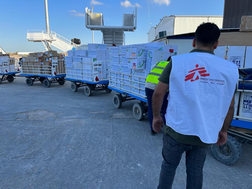 An MSF logistics coordinator is supervising the convoy of medical material to be sent in Derna, Libya. Copyright: MSF