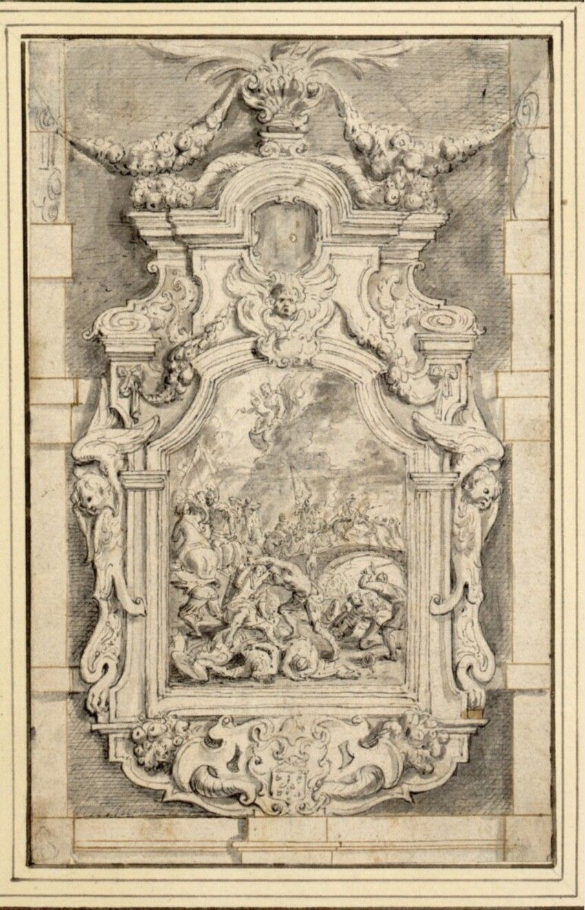 6 – Anoniem (foutief toegeschreven aan Jan van den Hoecke) naar Anton Goubau, Ornamentale Rahmung eines Altargemäldes: Schlacht an der milvischen Brücke, mit Madonna im Himmel [Auxilium Christianorum], na 1654 (Wenen, Albertina, inv. 8601)