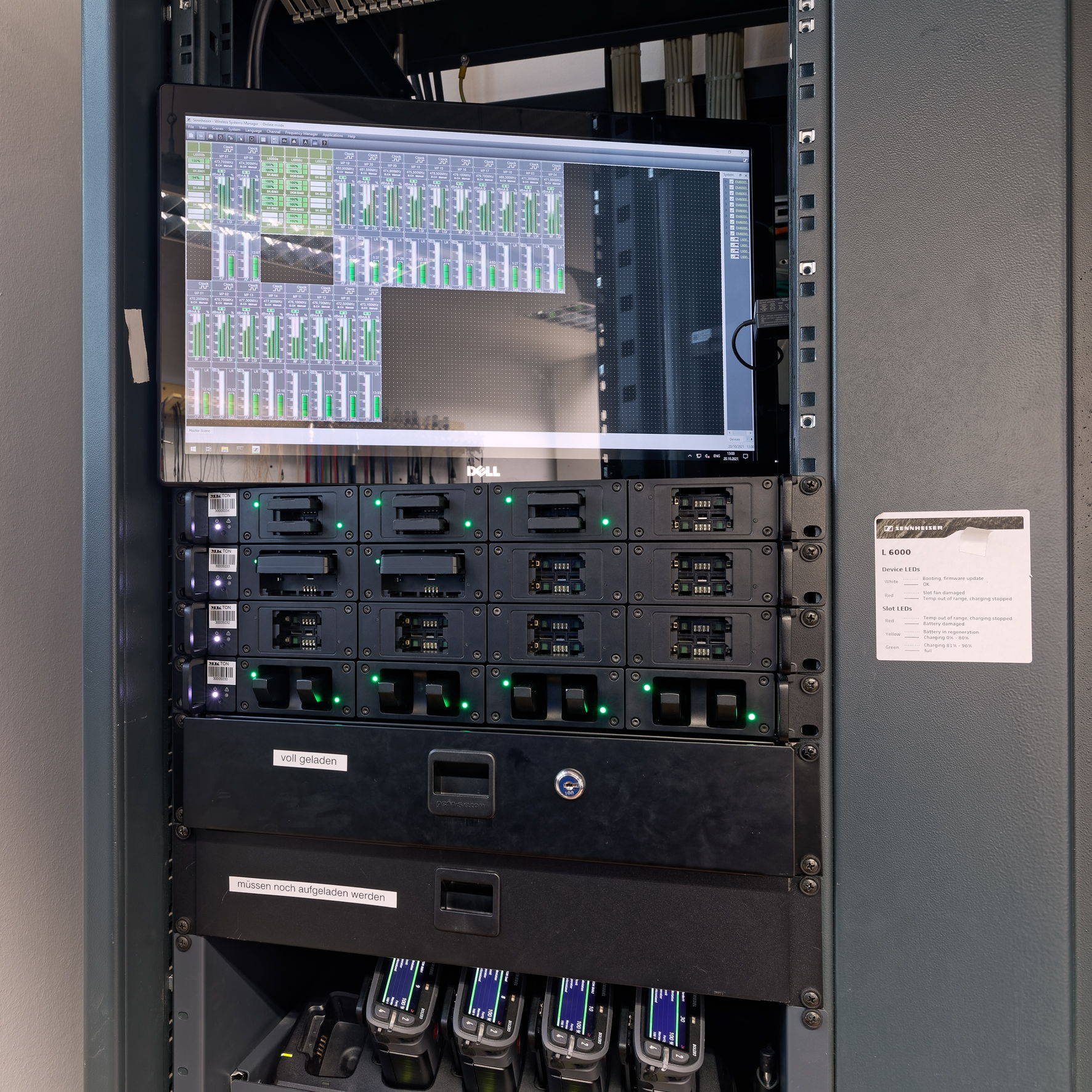 The Wireless Systems Manager (display screen) and the L 6000 rack charging station