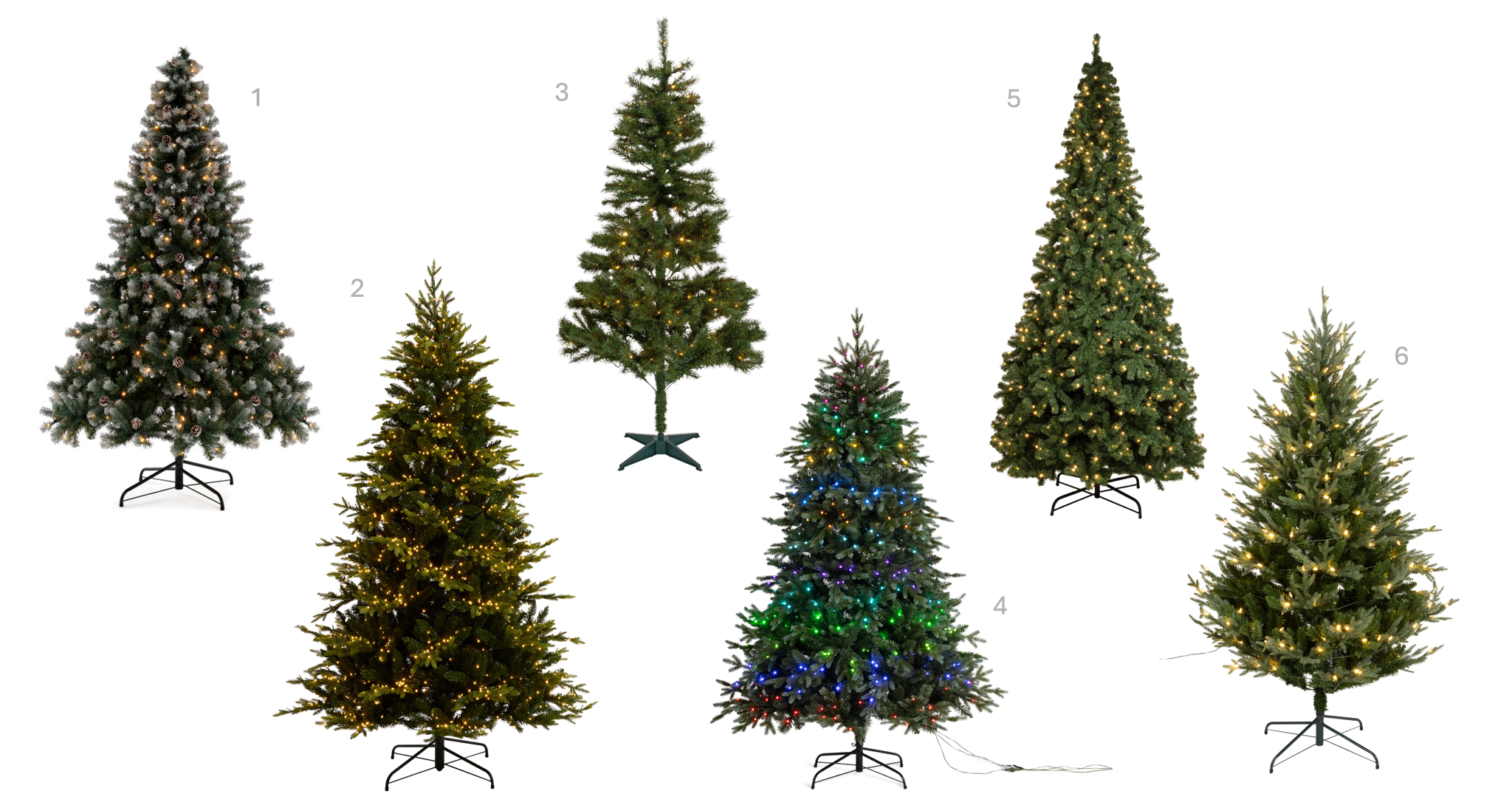 1.Habitat 8ft Blue Oscar With Pine Cone Tree, £150, 2.Habitat 7ft Prelit Quick Connect Micro LED Tree, £220, 3.Habitat 6ft Prelit Norland Green Tree, £40, 4.Habitat 7ft Prelit Colour Change Green Tree, £225, 5.Habitat 12ft Prelit Tree, £260, 6.Habitat 6ft Prelit Mixed Tip Upswept Tree, £115