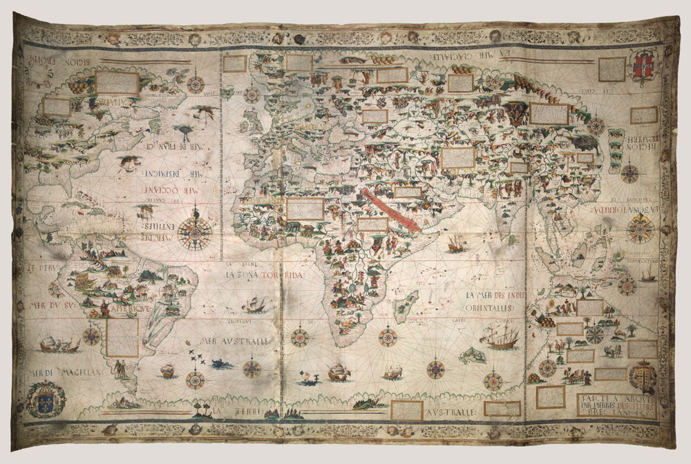 © Pierre Desceliers, Wereldkaart (Mappa Mundi), Dieppe, 1550. Londen, British Library.