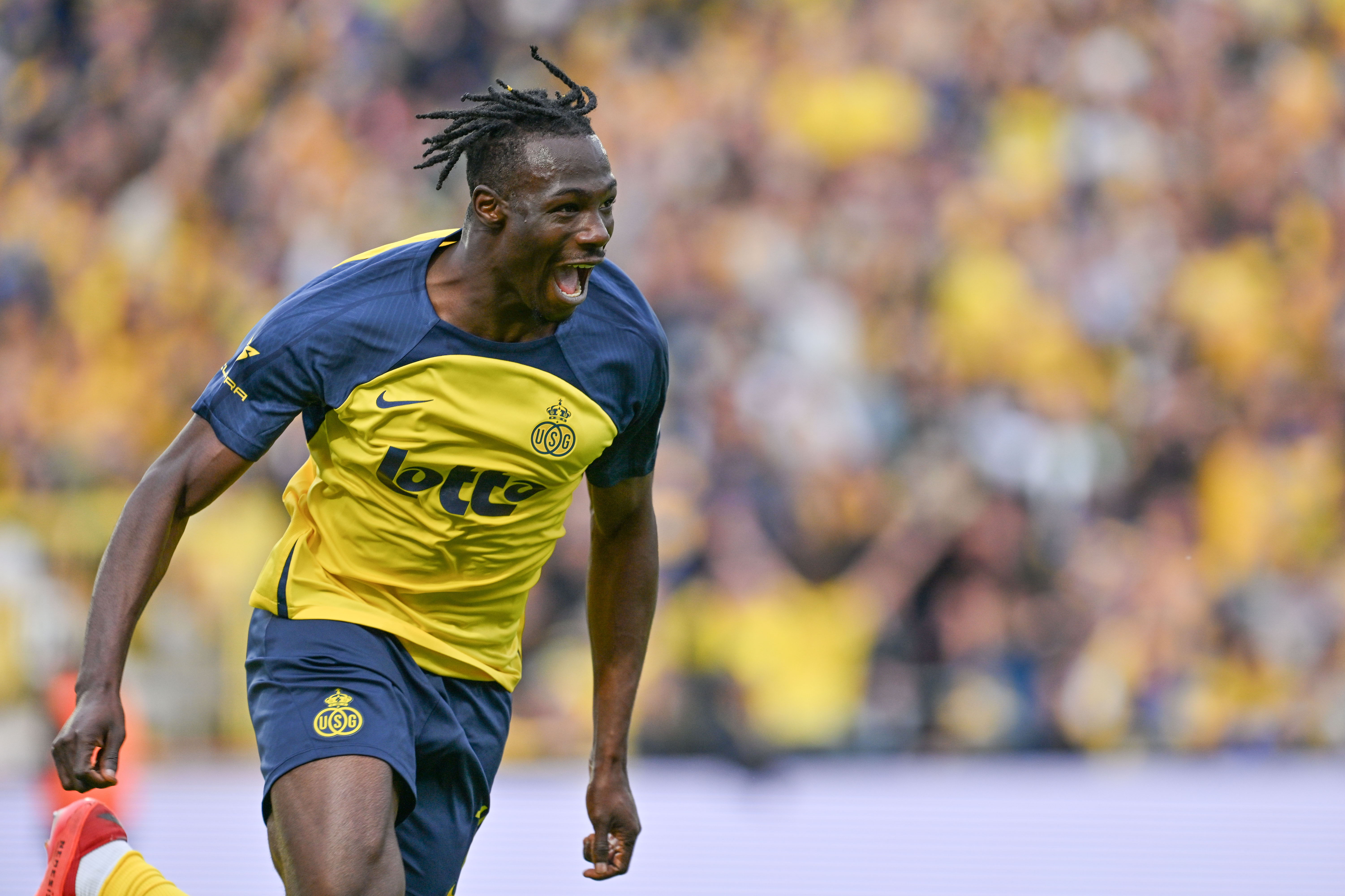 Promise David of Union celebrates after scoring during the match between Royale Union Saint-Gilloise and KAA Gent, 25 May 2025 ©PHOTO DAVID CAATRY / ISOSPORT