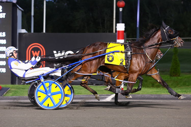NICE BUNS and driver James MacDonald winning the  first Champlain division for 2-year-old pacing fillies on September 7, 2024 at Woodbine (New Image Media)