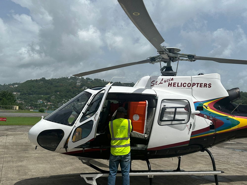 Helicopter provided by the Government of St. Lucia for the transportation of medical supplies to Grenada.