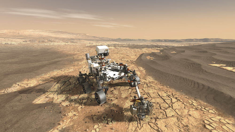 This artist's concept depicts NASA's Mars 2020 rover on the surface of Mars. The mission takes the next step by not only seeking signs of habitable conditions on Mars in the ancient past, but also searching for signs of past microbial life itself. The Mars 2020 rover introduces a drill that can collect core samples of the most promising rocks and soils and set them aside on the surface of Mars. A future mission could potentially return these samples to Earth. AKG5784716 © akg-images / Stocktrek Images