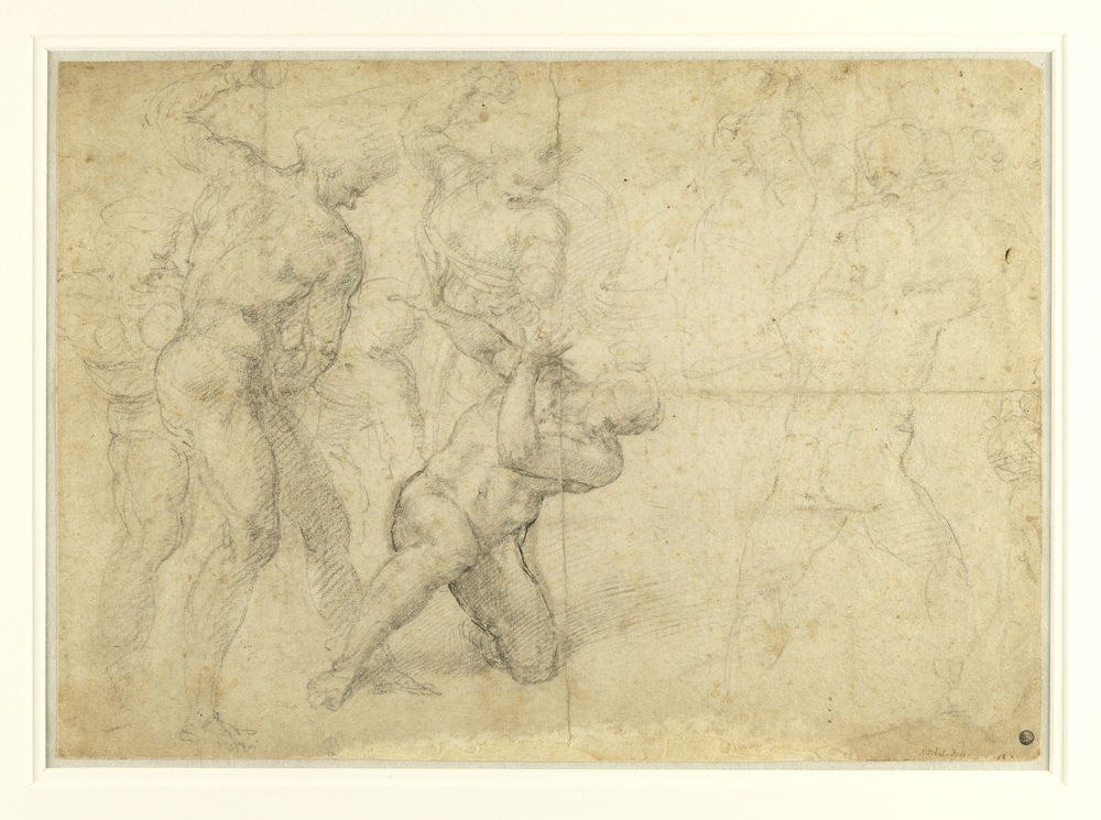 Michelangelo Buonarotti (Caprese 1475 – Rome 1564)   De steniging van de heilige Stefanus, ca. 1525-30 Zwart krijt, sporen van zilverstift .Langdurige bruikleen van Stichting Jean van Caloen 