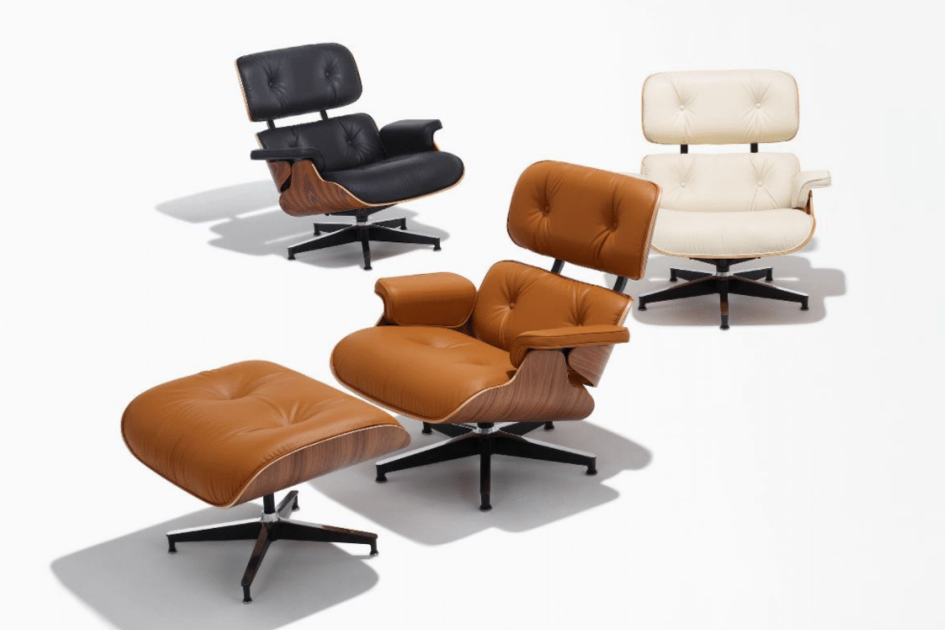 The Eames Lounge Chair and Ottoman in Bamboo-based leather Ivory, Russet and Black