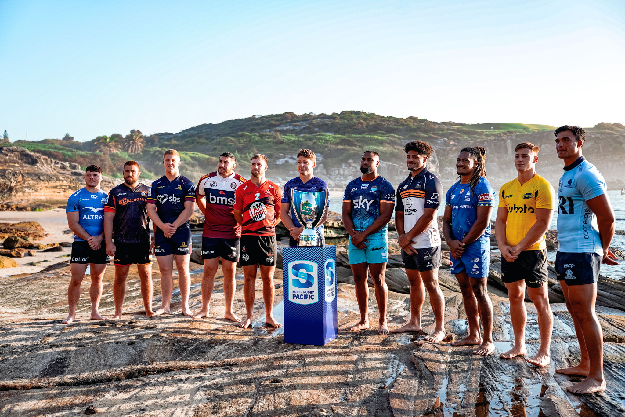 Super Rugby Pacific stars in Little Bay at the season launch (photo by Karen Watson)