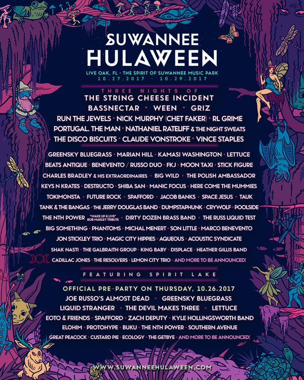 Suwannee Hulaween Announces Lineup for October 27-29 2017 Event at The Spirit of the Suwannee Music Park in Live Oak, Florida