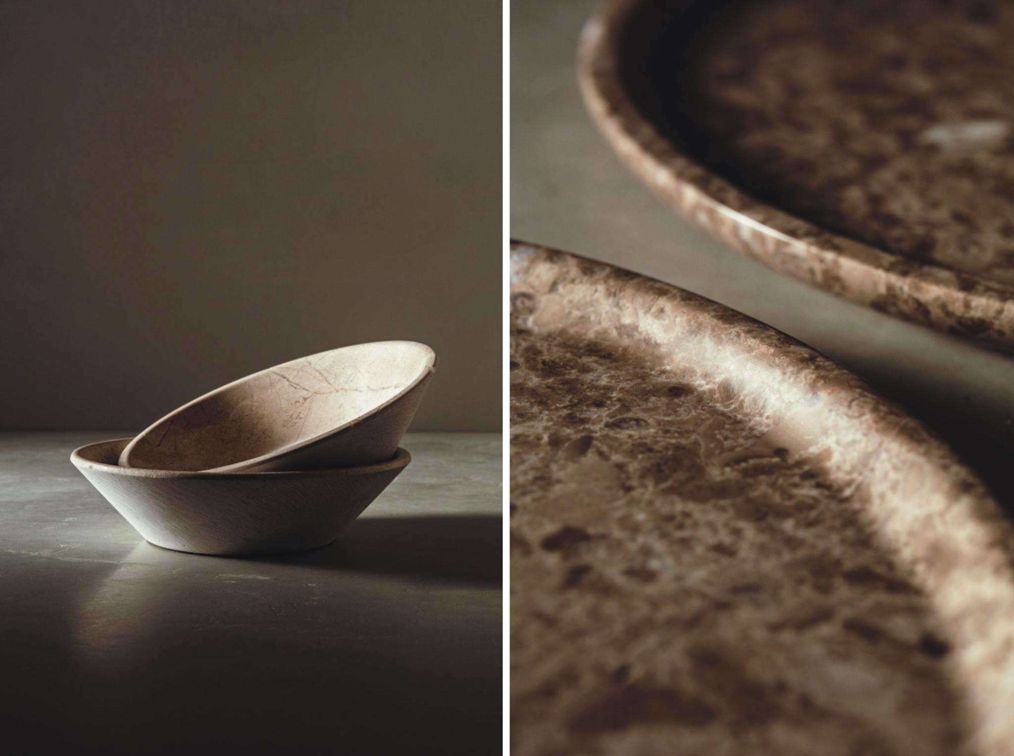 Small Plate set (left) and Charger Plate set (right) from the Rever collection by Ugo Cacciatori