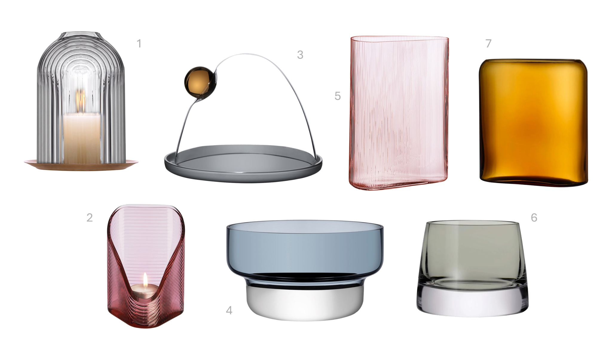 1.Ilo Candleholder Medium, € 105, 2.Mist Lights Votive Holder Medium, €63, 3.Juno Cake Dome, €175, 4.Contour Bowl Steel Blue, €290, 5.Mist Vase Short Dusty Rose, €138, 6.Joy Votive Holder Set Medium, €43, 7.Layers Vase Medium, €168