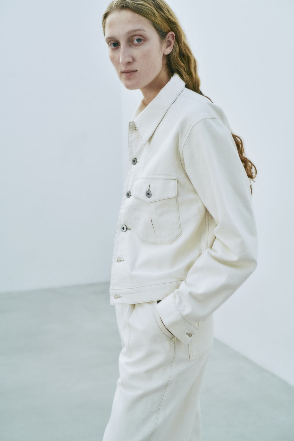 Washi Blend Twill Trucker Jacket ($120.00); Washi Blend Twill Pants ($100.00)