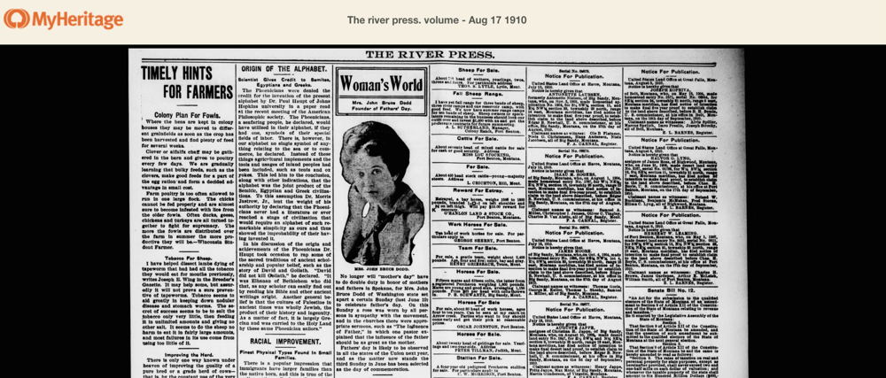 Eerste vermelding van father's day - The River Press, 17 augustus 1910