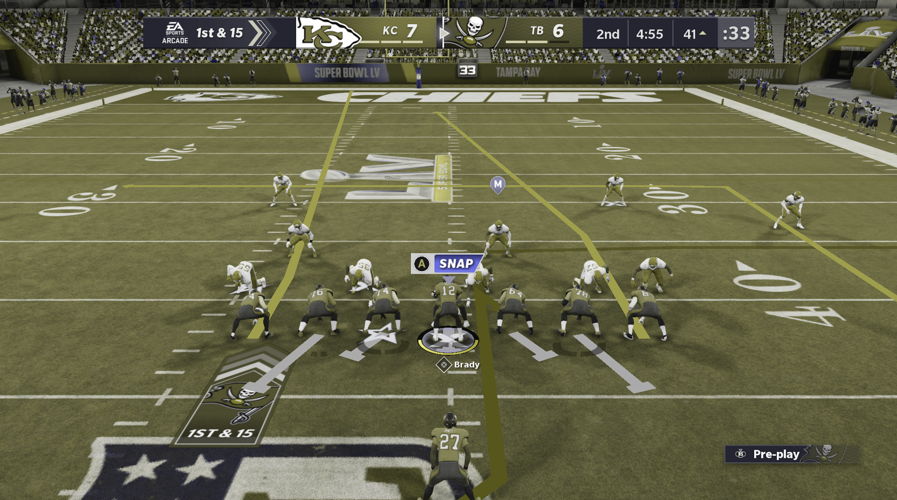 The Tampa Bay offense’s routes in Madden NFL 21 simulated as seen by someone with deuteranopia (red-green color blindness). Players who have deuteranopia will find it difficult to distinguish between the different players’ types of routes. 