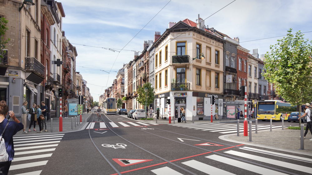 Simulatiebeeld van het kruispunt van de Antoine Bréartstraat met de Waterloosesteenweg.