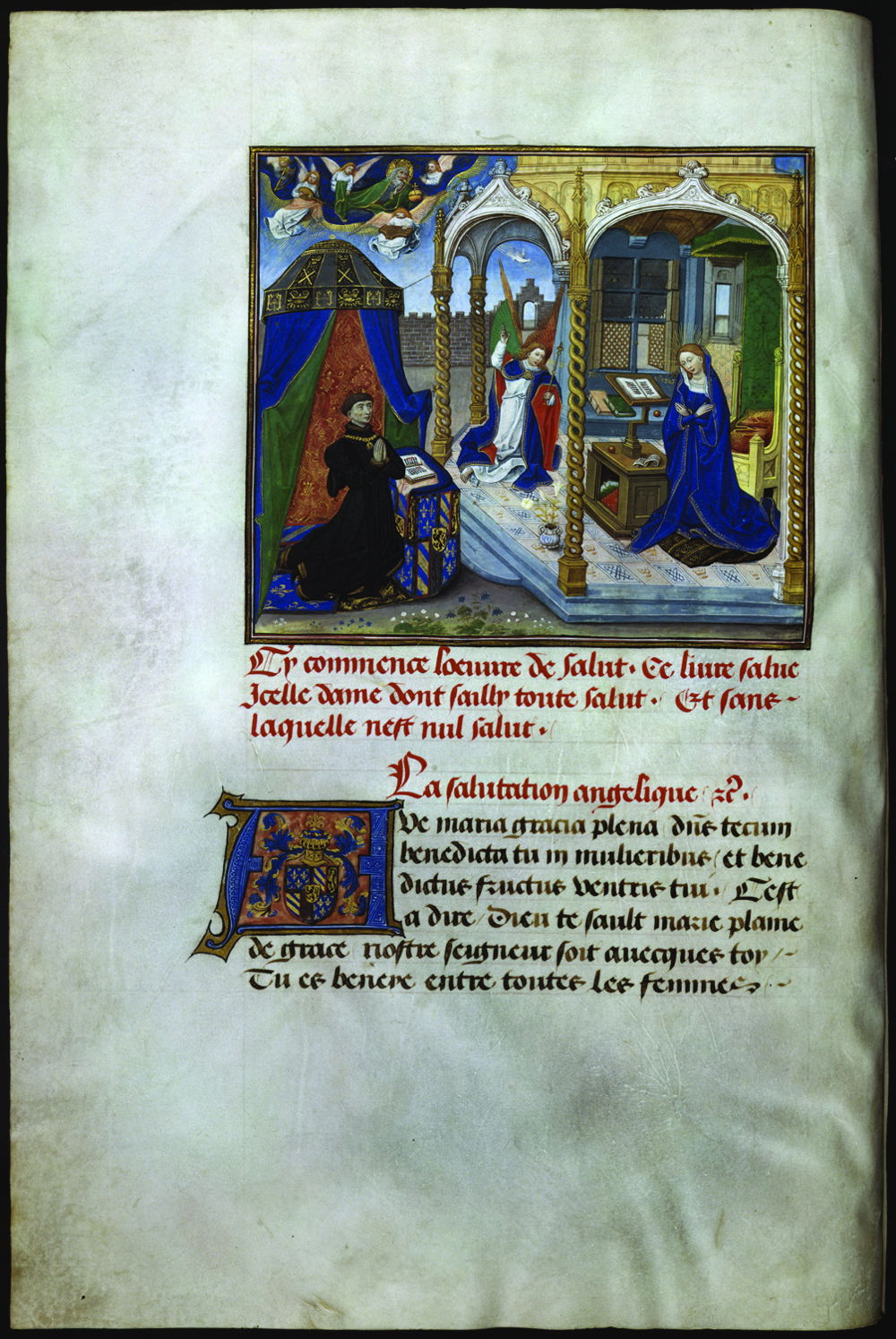 

Filips de Goede in gebed voor de Annunciatie
miniatuur van Willem Vrelant in de Traité sur la salutation angélique 
KBR- ms. 9270 – folio 2 verso