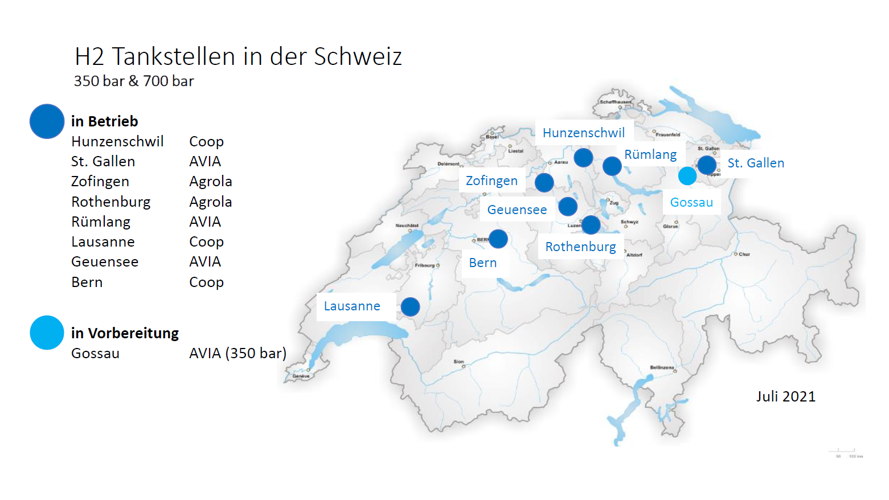 Wasserstoff-Tankstellennetz in der Schweiz.