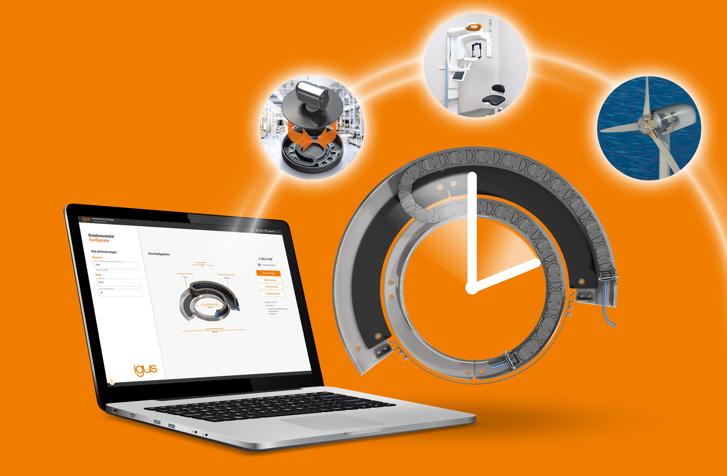 Met de nieuwe online tool is het mogelijk om zonder moeite individuele roterende energietoevoersystemen te configureren voor de meest uiteenlopende toepassingen - van cameratechnologie en röntgenapparaten tot windturbines. (Bron: igus B.V.) Met de nieuwe online tool is het mogelijk om zonder moeite individuele roterende energietoevoersystemen te configureren voor de meest uiteenlopende toepassingen - van cameratechnologie en röntgenapparaten tot windturbines. (Bron: igus B.V.)