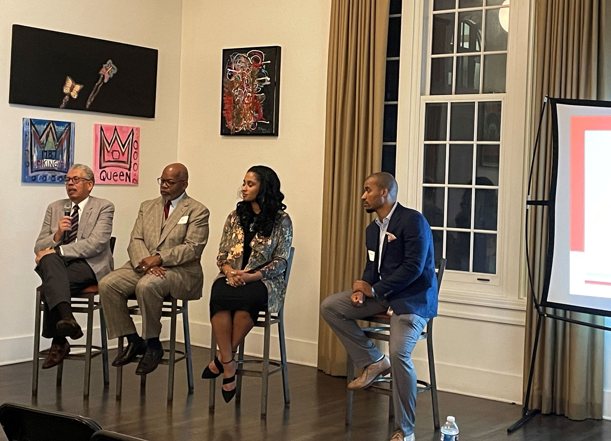 Victor Roque, a former gas and electric utility executive who is believed to be the first Black leader of a utility company in western Pennsylvania, answers a question during a panel discussion at the AABE-Pittsburgh networking and reclamation event in downtown Pittsburgh on September 28, 2023. Also pictured: Duquesne Light Holdings President and CEO Kevin Walker, N.C. State Professor La'Meshia Whittington and Samson Horne, a corporate communications associate at DLC.