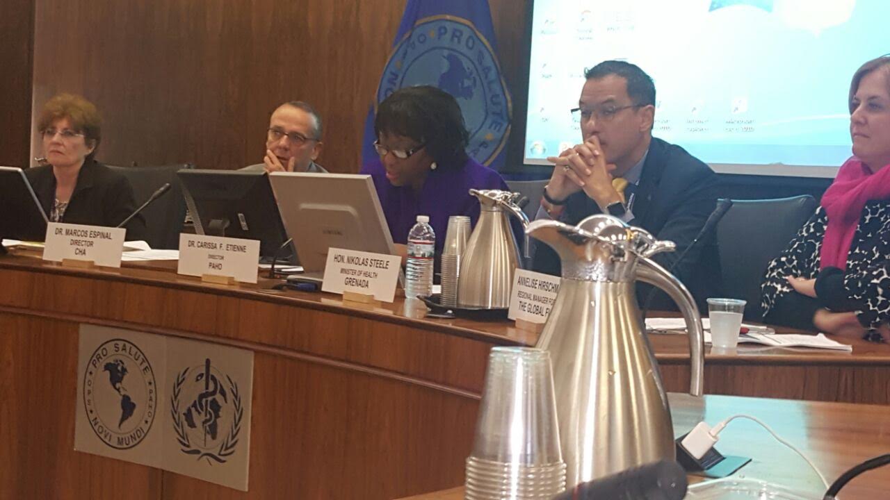 From left Dr. Murat Roses, Alternate Board Member, LAC Constituency of the Global Fund Board, Dr Marcos Español, Director CHA, Dr Clarissa Etienne, PAHO director, Dr Nickolas Steele, Minister of Health and Social Security, Grenada and Board Member, Latin America and Caribbean Constituency of the Global Fund Board and Ms Annelise Hirschmann, LAC Regional Manager