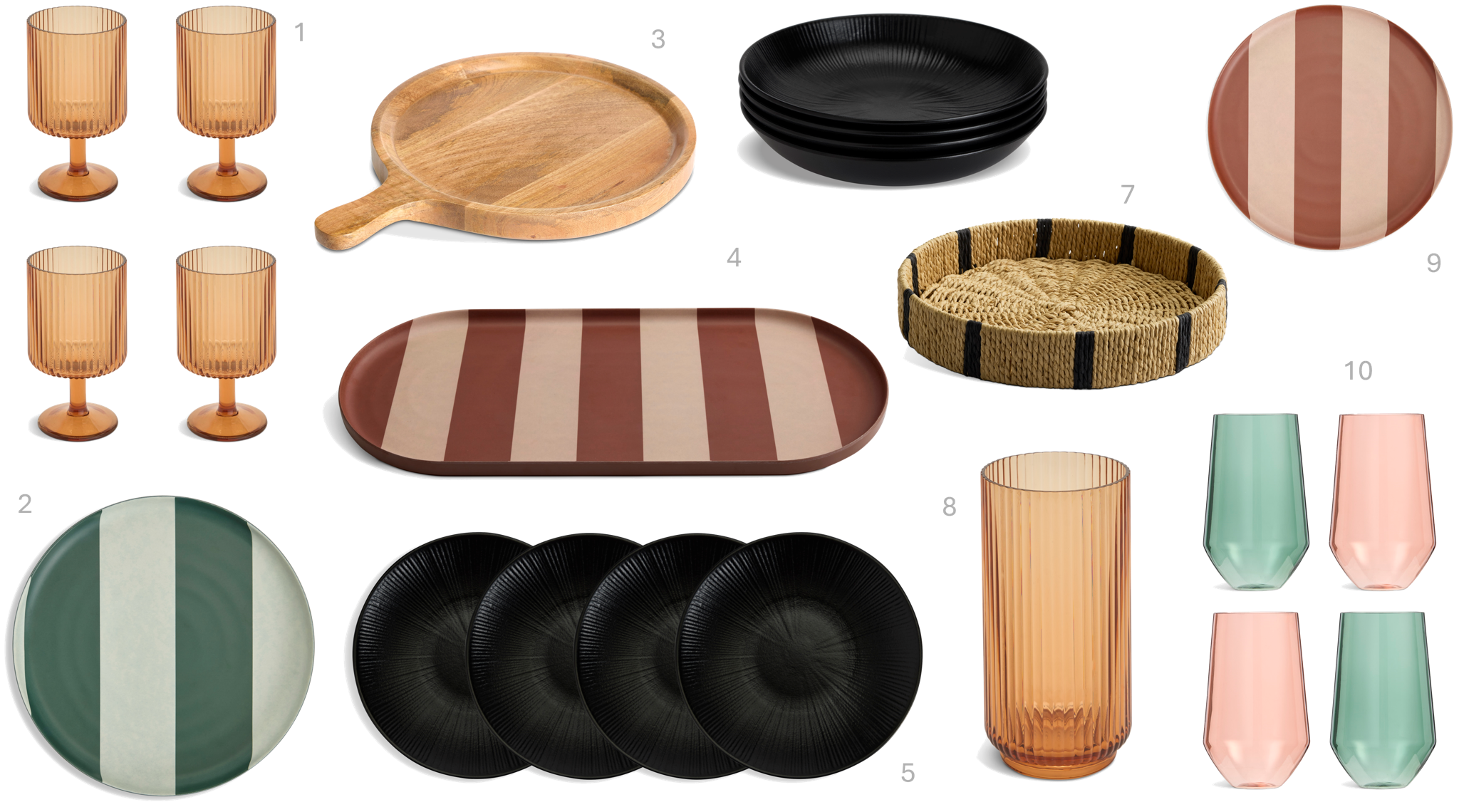 1.Habitat Amber Picnic Wine Glasses 4pk, £12, 2.Habitat Outdoor Stripe Side Plate 4pk - Green, £8, 3.Habitat Mango Wood Pizza Board, £16, 4.Habitat Outdoor Striped Serving Tray - Red, £8, 5. Habitat Black Textured Picnic Dinner Plate 4pk, £18, 7.Habitat Seagrass Tray, £8, 8.Habitat Amber Picnic Hi Ball Glasses 4pk, £12, 9.Habitat Outdoor Stripe Dinner Plate 4pk - Red, £10, 10.Habitat Picnic Hi Ball 4pk, £14 1.Habitat Amber Picnic Wine Glasses 4pk, £12, 2.Habitat Outdoor Stripe Side Plate 4pk - Green, £8, 3.Habitat Mango Wood Pizza Board, £16, 4.Habitat Outdoor Striped Serving Tray - Red, £8, 5. Habitat Black Textured Picnic Dinner Plate 4pk, £18, 7.Habitat Seagrass Tray, £8, 8.Habitat Amber Picnic Hi Ball Glasses 4pk, £12, 9.Habitat Outdoor Stripe Dinner Plate 4pk - Red, £10, 10.Habitat Picnic Hi Ball 4pk, £14