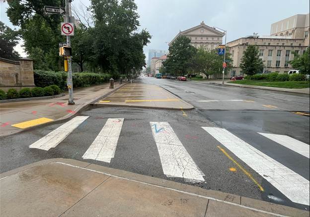 Pedestrian islands on Fifth Avenue at Bellefield Avenue - to be removed June 20