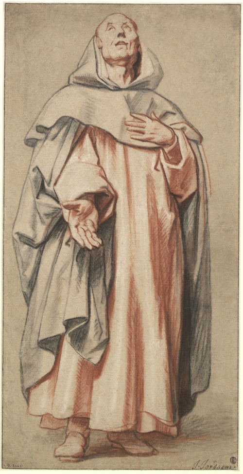 De monumentale uitwerking van deze monnik in wit habijt is typerend voor Jacob Jordaens’ tekenstijl van rond 1650. Het is een van de vele tekeningen van Jordaens die de collectie van KBR rijk is. De monumentale uitwerking van deze monnik in wit habijt is typerend voor Jacob Jordaens’ tekenstijl van rond 1650. Het is een van de vele tekeningen van Jordaens die de collectie van KBR rijk is.