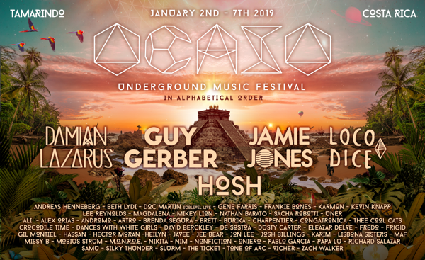 Ocaso Music Festival in Tamarindo Playa, Costa Rica Announces Phase 2 Lineup for January 2-7th, 2019 Event.