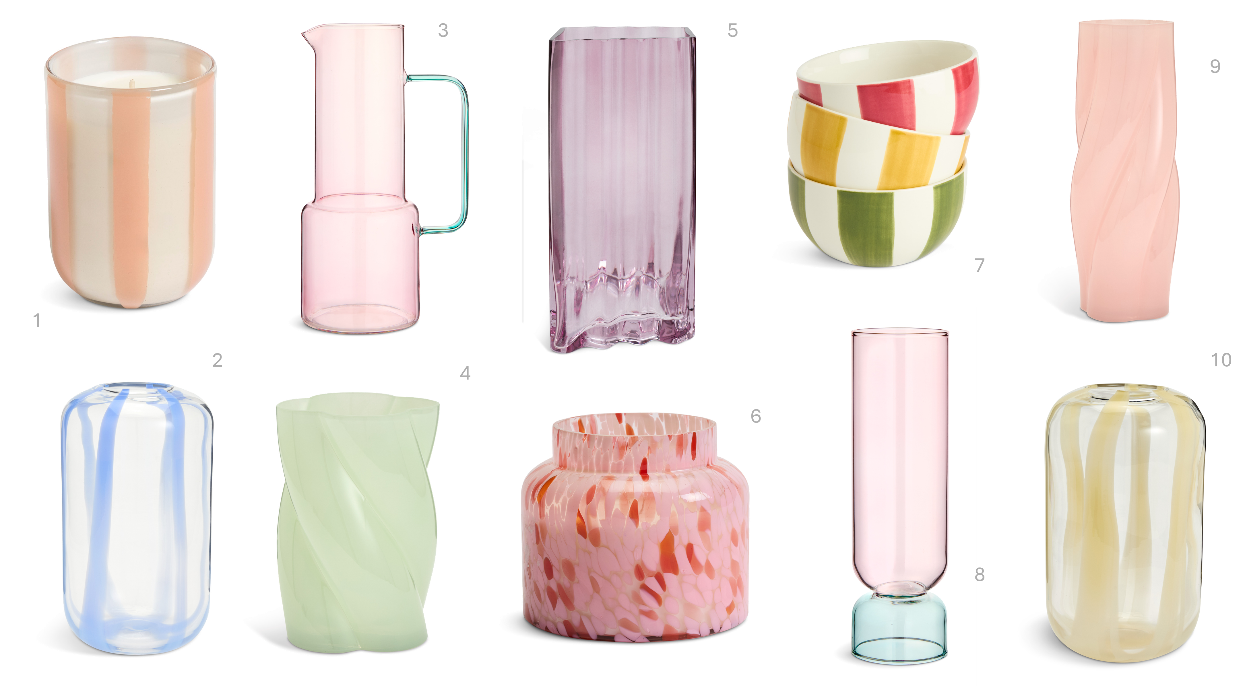 1.Habitat Amber & Sandalwood Peach Stripe Candle, £7, 2.Habitat Art Glass Stripe Vase - Blue, £18, 3.Habitat Two Tone Jug, £15, 4.Habitat Green Twisted Vase, £10, 5.Habitat 60 Wiggle Glass Vase - Medium - Purple, £15, 6.Habitat Pink Confetti XL Candle, £15, 7.Habitat x Sanderson National Trust Handpainted Stripe Nibble Bowl 3pk, £12, 8.Habitat Two Tone Flute, £6.25, 9.Habitat Pink Twisted Vase, £12, 10.Habitat Art Glass Stripe Vase - Buttermilk, £18