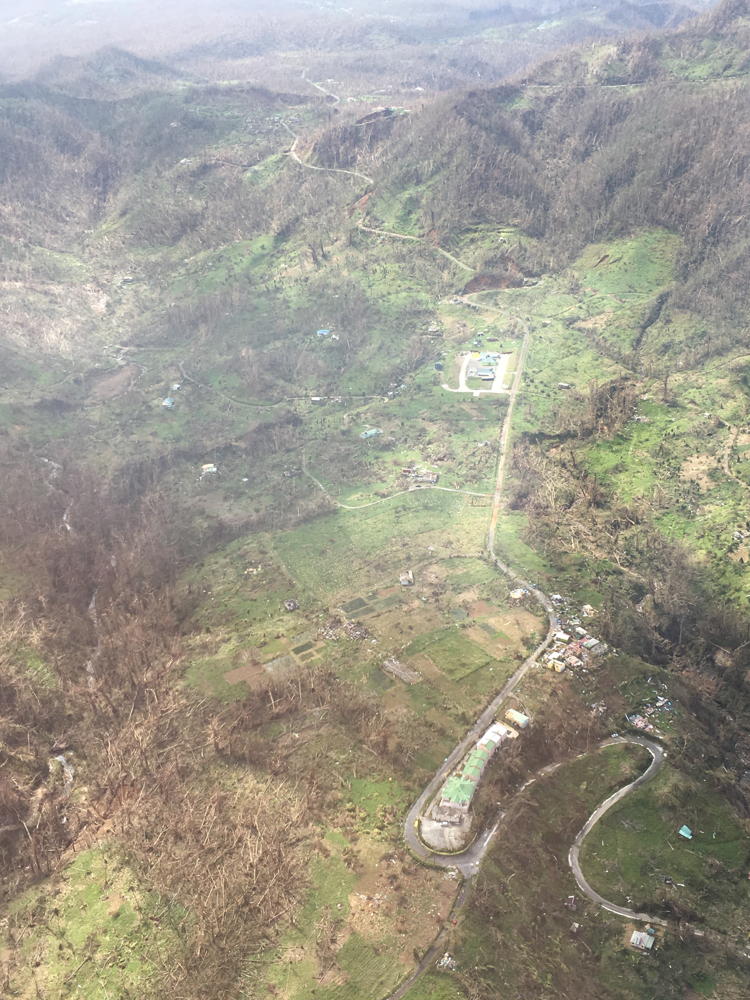 Aerial view of Dominica after the passage of hurricane Maria