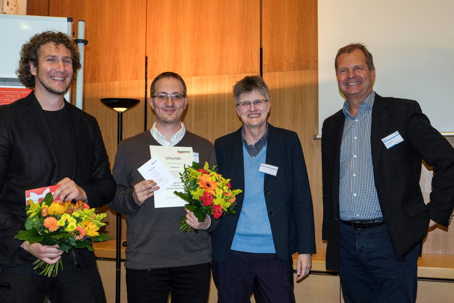 Markus Schäfer (Nominierter), Jan Stojanovic (Preisträger 2017), Prof. Dr. Christine Haug und Thomas Nitz (v. l. n. r.), Fotograf: Daniel Gertenbach