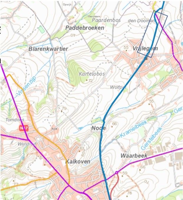Kaart met locatie van nieuw stuk fietssnelweg tussen Sleewagen en Voorstehoeve.