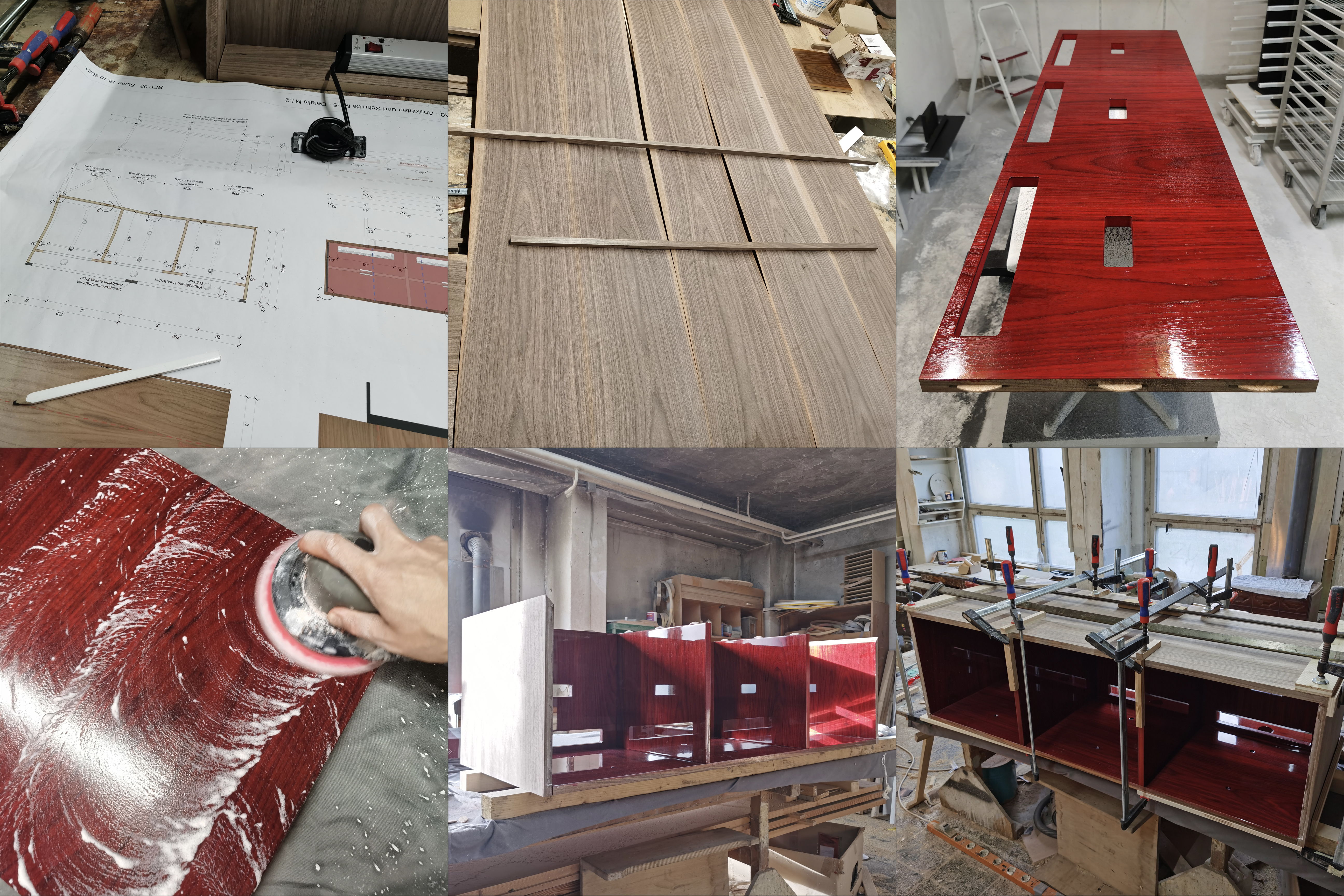 A collage of images during the cabinet build process