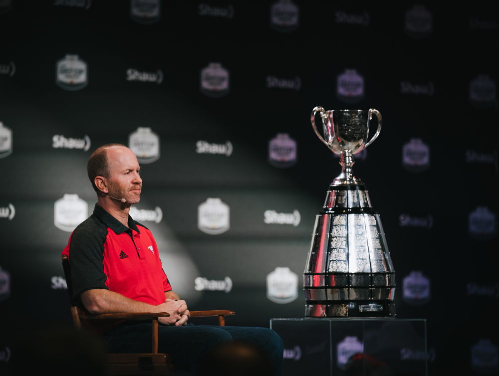 Dave Dickenson, lors de la conférence de presse de la Coupe Grey. Crédits photo : Johany Jutras/LCF.ca