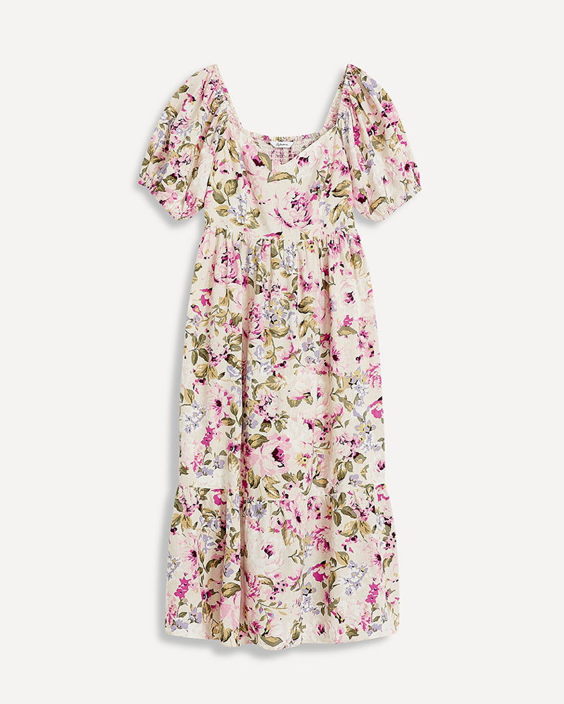 Short-Puffy-Sleeve Tiered Midi Dress with Sweetheart Neckline x The Birds Papaya
