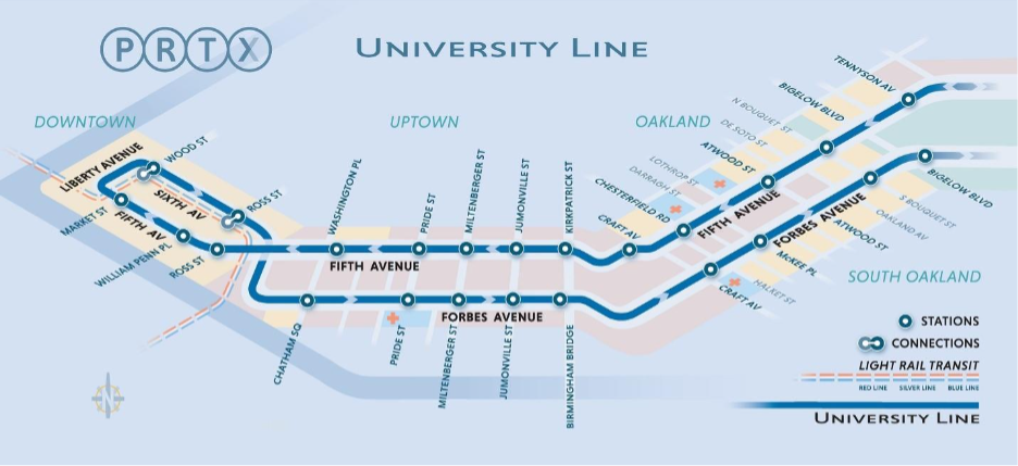Map of 24 PRTX stations along the University Line corridor Map of 24 PRTX stations along the University Line corridor