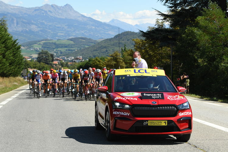 ŠKODA's first all-electric SUV as the 'Red Car' during the fifth stage of the Tour de France today.