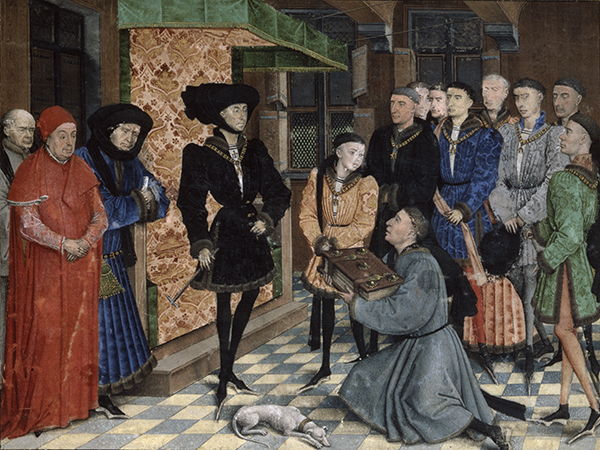 Jean Wauquelin présente son ouvrage à
Philippe le Bon. Miniature de Rogier van
der Weyden dans Les Chroniques de
Hainaut. KBR, ms 9242, f. 1r