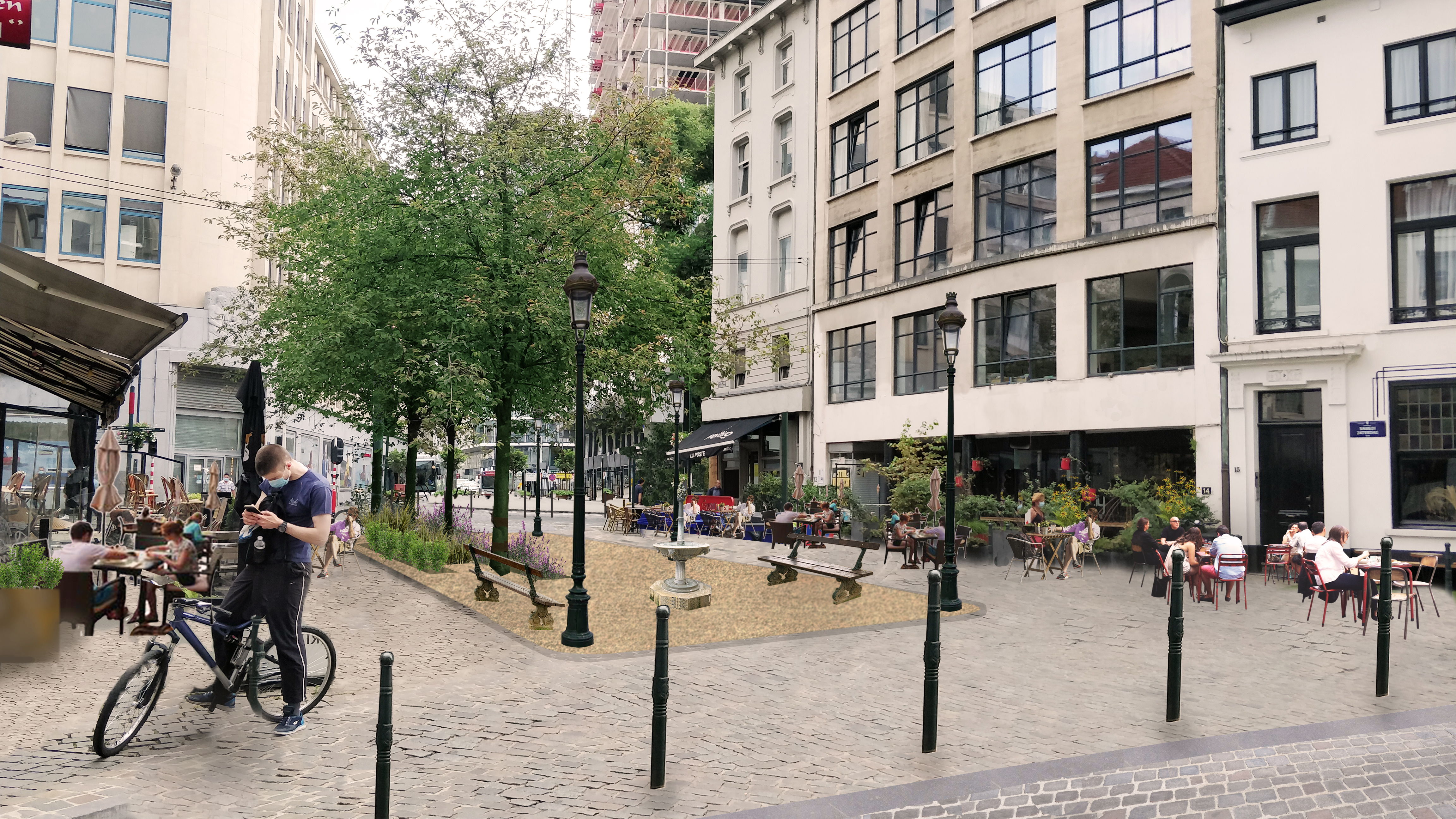 Simulatie van de nieuwe inrichting van het Zayerdagplein ©Kabinet Anaïs maes - Stad Brussel