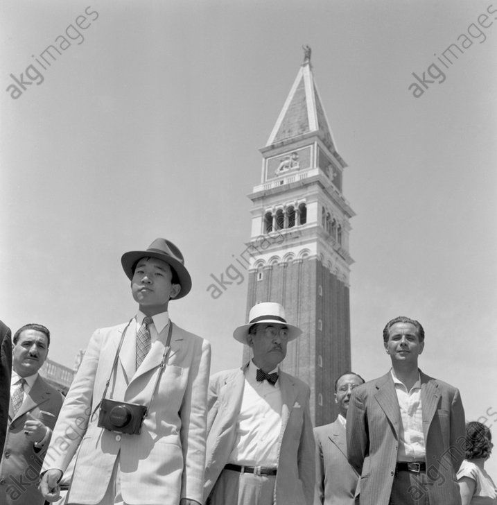 Japanese Emperor Akihito portrayed in St. Mark Square, Venice, 1953. AKG2491727