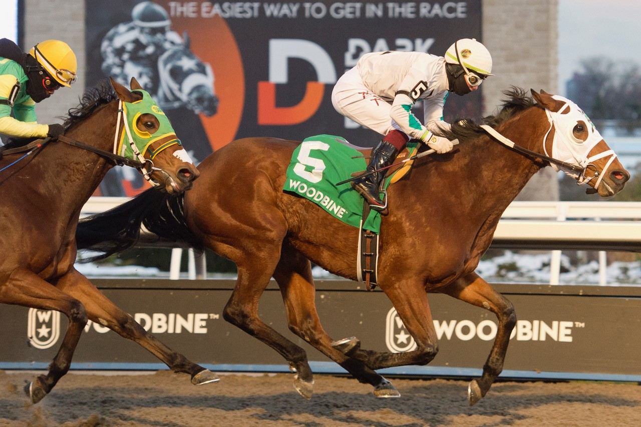 Strega and jockey Kazushi Kimura winning the Ashbridges Bay Stakes on Friday at Woodbine (Michael Burns Photo)