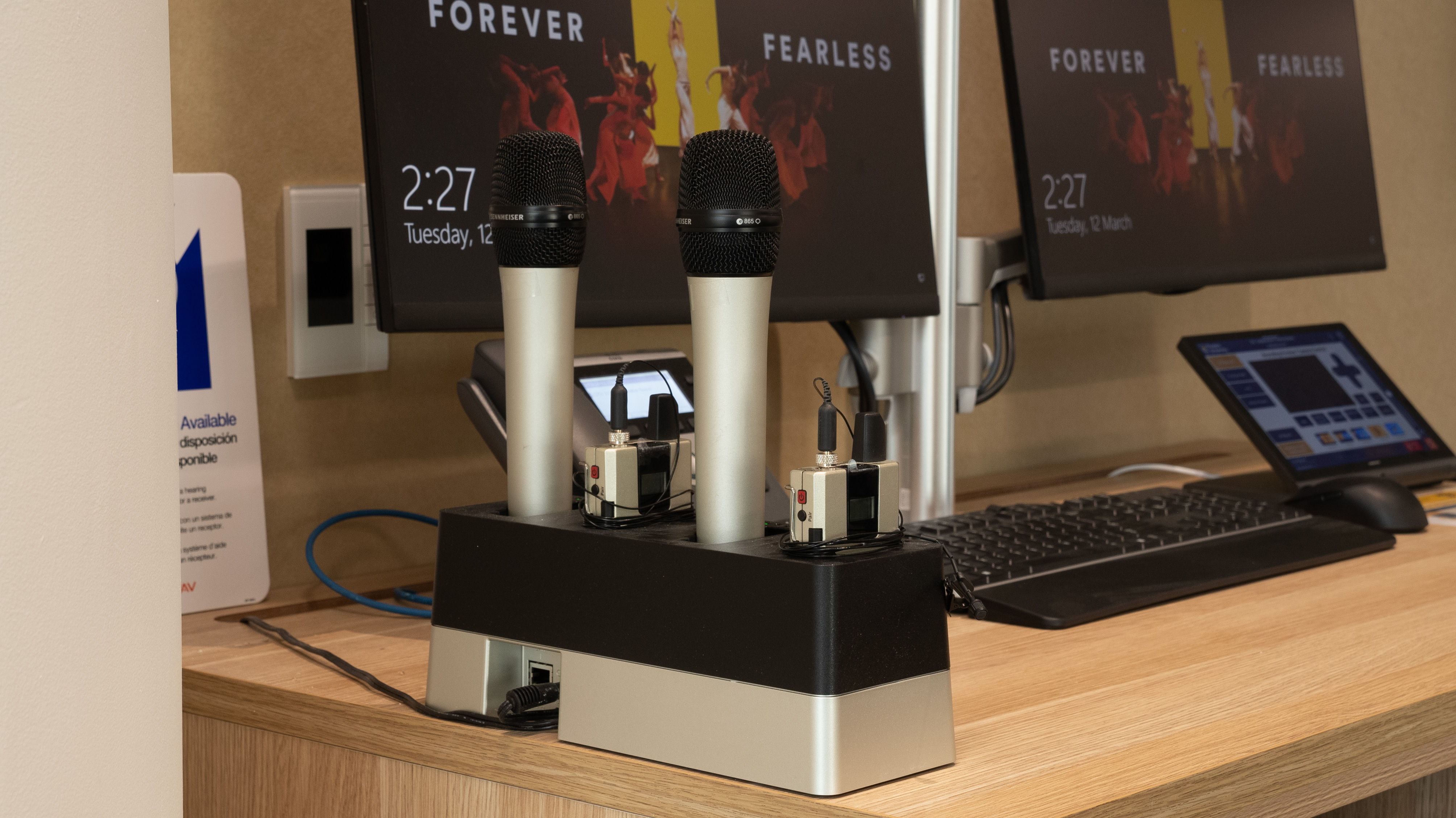 Every teaching space gets four channels of Sennheiser Speechline wireless. Being in the DECT range spared the uni from heavy UHF competition in the area.
