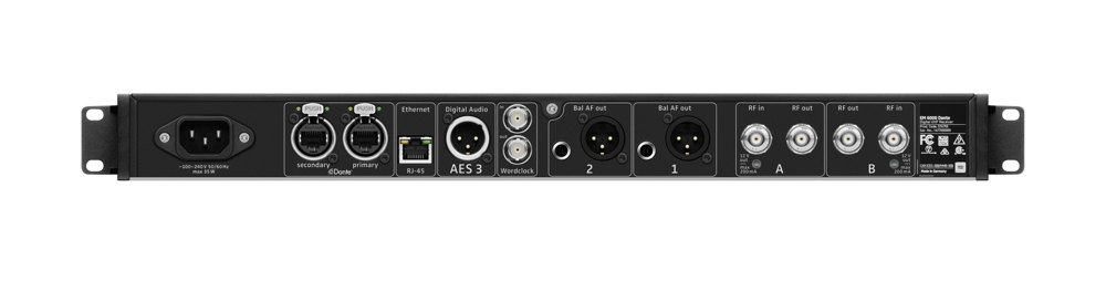 The dual-channel EM 6000 DANTE receiver
for the Sennheiser Digital 6000 wireless
system. The dual-channel EM 6000 DANTE receiver
for the Sennheiser Digital 6000 wireless
system.