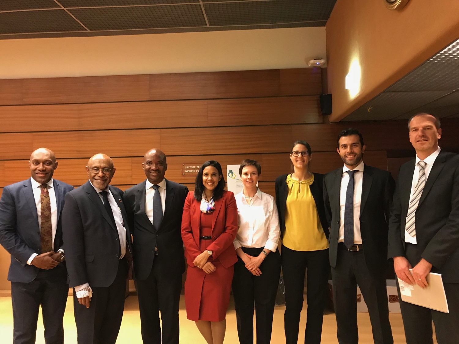 Head of the OECS Geneva Mission Stephen Fevrier at the introduction of the 1st AI powered-platform for trade negotiations, Cognitive Trade Advisor, in Geneva (4th participant starting from the right side of the photo)