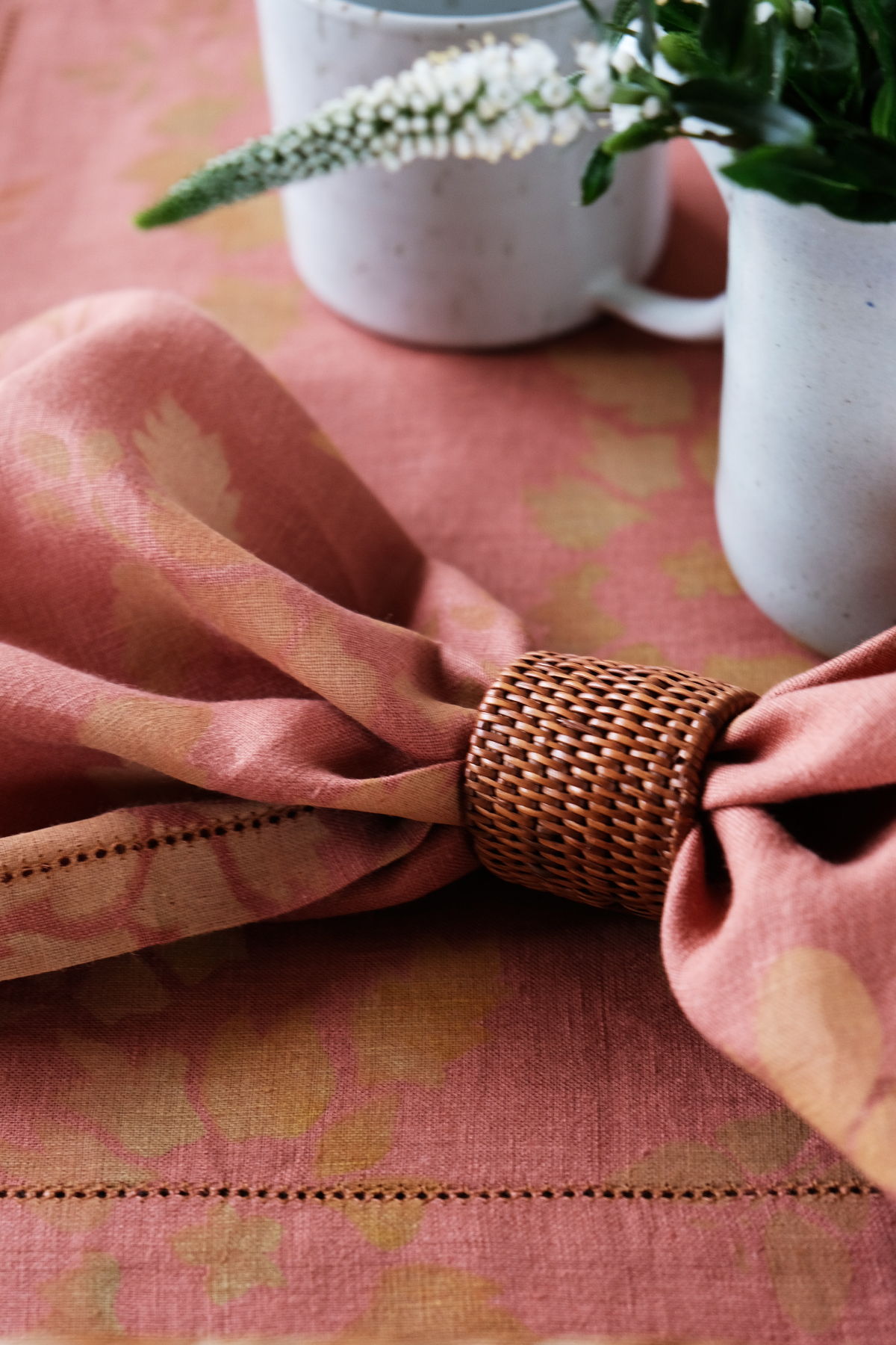 Jardin De Nuit Linen Hand-painted Placemats and Napkins in Terracotta